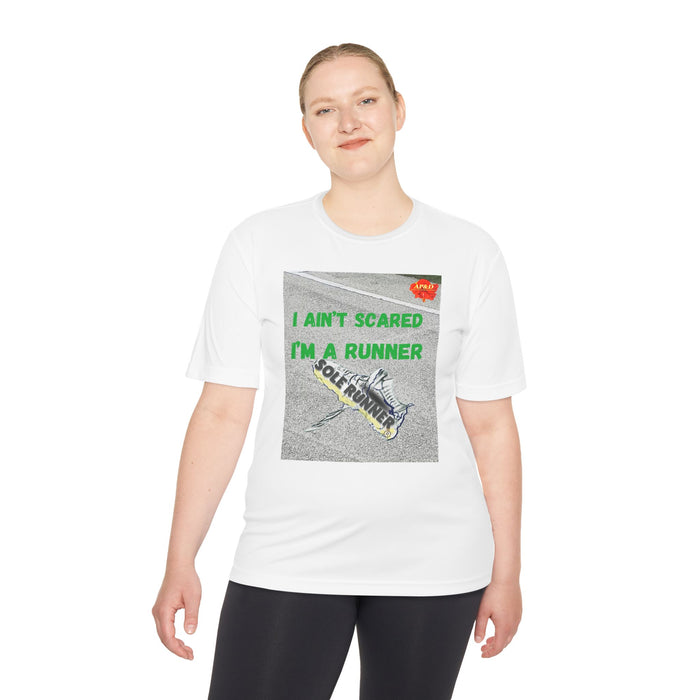 I Ain't Scared, I'm A Runner, Whimsical Moisture Wicking Unisex T-Shirt for Runners
