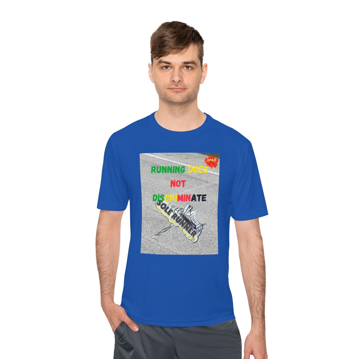 Running Does Not Discriminate - Whimsical Moisture Wicking Unisex T-Shirt for Runners