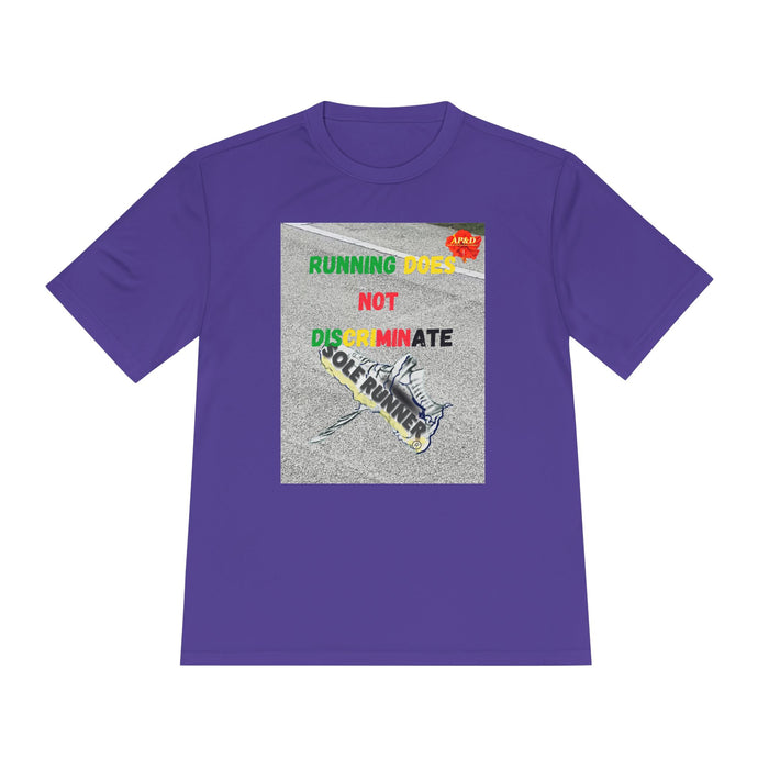 Running Does Not Discriminate - Whimsical Moisture Wicking Unisex T-Shirt for Runners