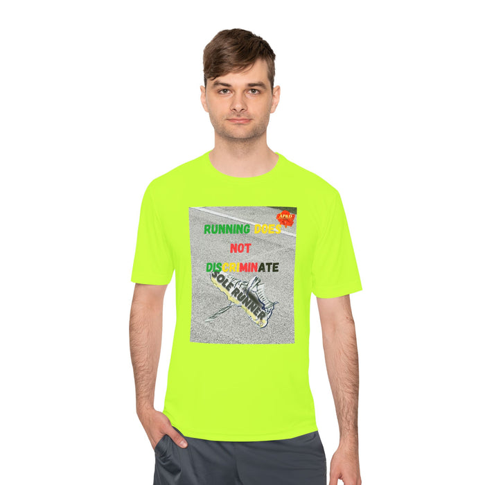 Running Does Not Discriminate - Whimsical Moisture Wicking Unisex T-Shirt for Runners