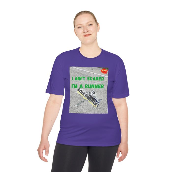 I Ain't Scared, I'm A Runner, Whimsical Moisture Wicking Unisex T-Shirt for Runners