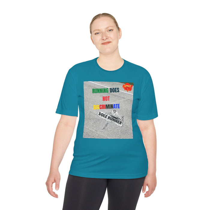 Running Does Not Discriminate | Sole Runner® Legacy Performance Tee: Unisex Moisture Wicking Tee
