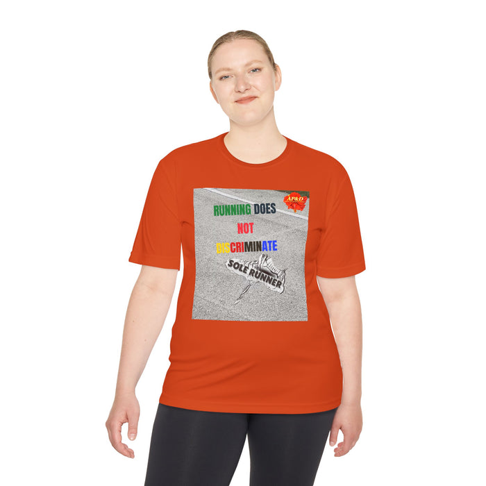 Running Does Not Discriminate | Sole Runner® Legacy Performance Tee: Unisex Moisture Wicking Tee