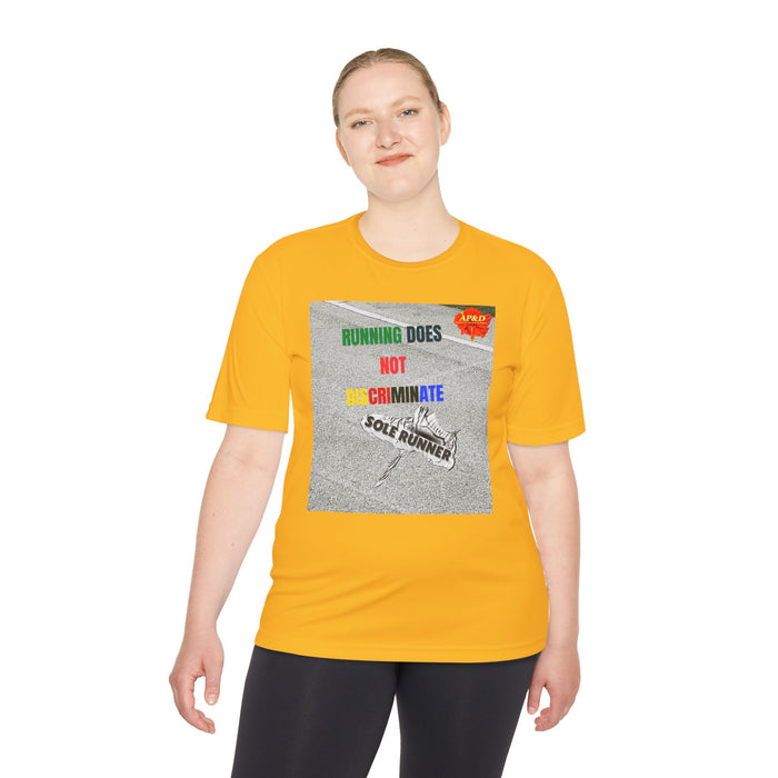 Running Does Not Discriminate | Sole Runner® Legacy Performance Tee: Unisex Moisture Wicking Tee