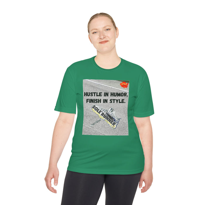 Hustle In Humor. Finish In Style-Whimsical Moisture Wicking Unisex T-Shirt For Unnners