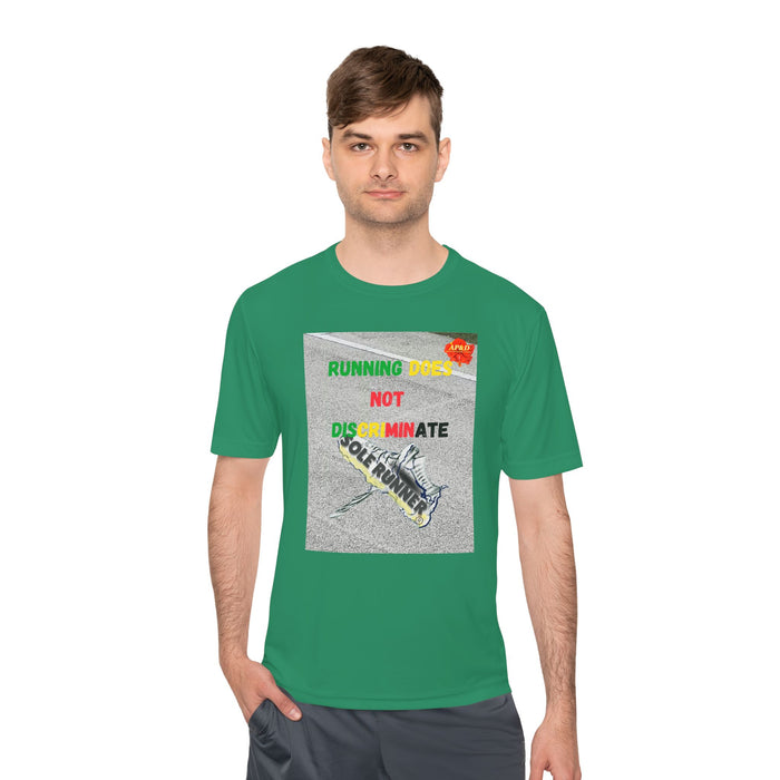 Running Does Not Discriminate - Whimsical Moisture Wicking Unisex T-Shirt for Runners