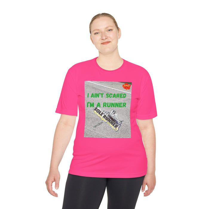 I Ain't Scared, I'm A Runner, Whimsical Moisture Wicking Unisex T-Shirt for Runners