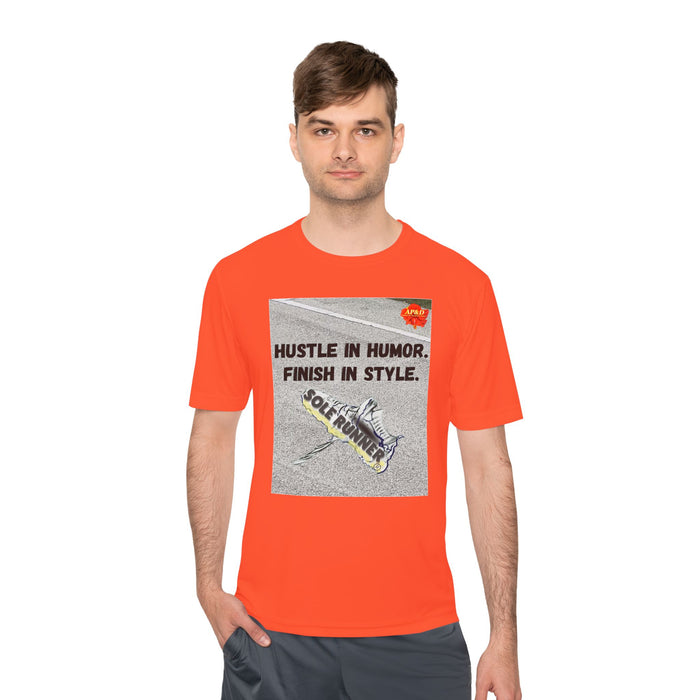 Hustle In Humor. Finish In Style-Whimsical Moisture Wicking Unisex T-Shirt For Unnners