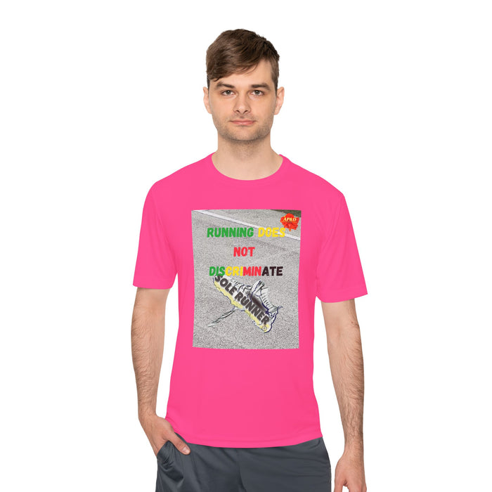 Running Does Not Discriminate - Whimsical Moisture Wicking Unisex T-Shirt for Runners