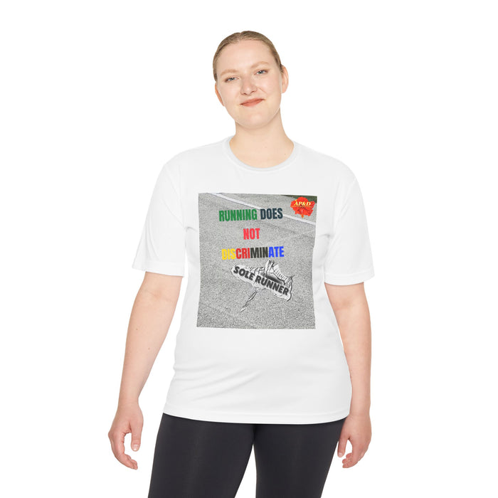 Running Does Not Discriminate | Sole Runner® Legacy Performance Tee: Unisex Moisture Wicking Tee